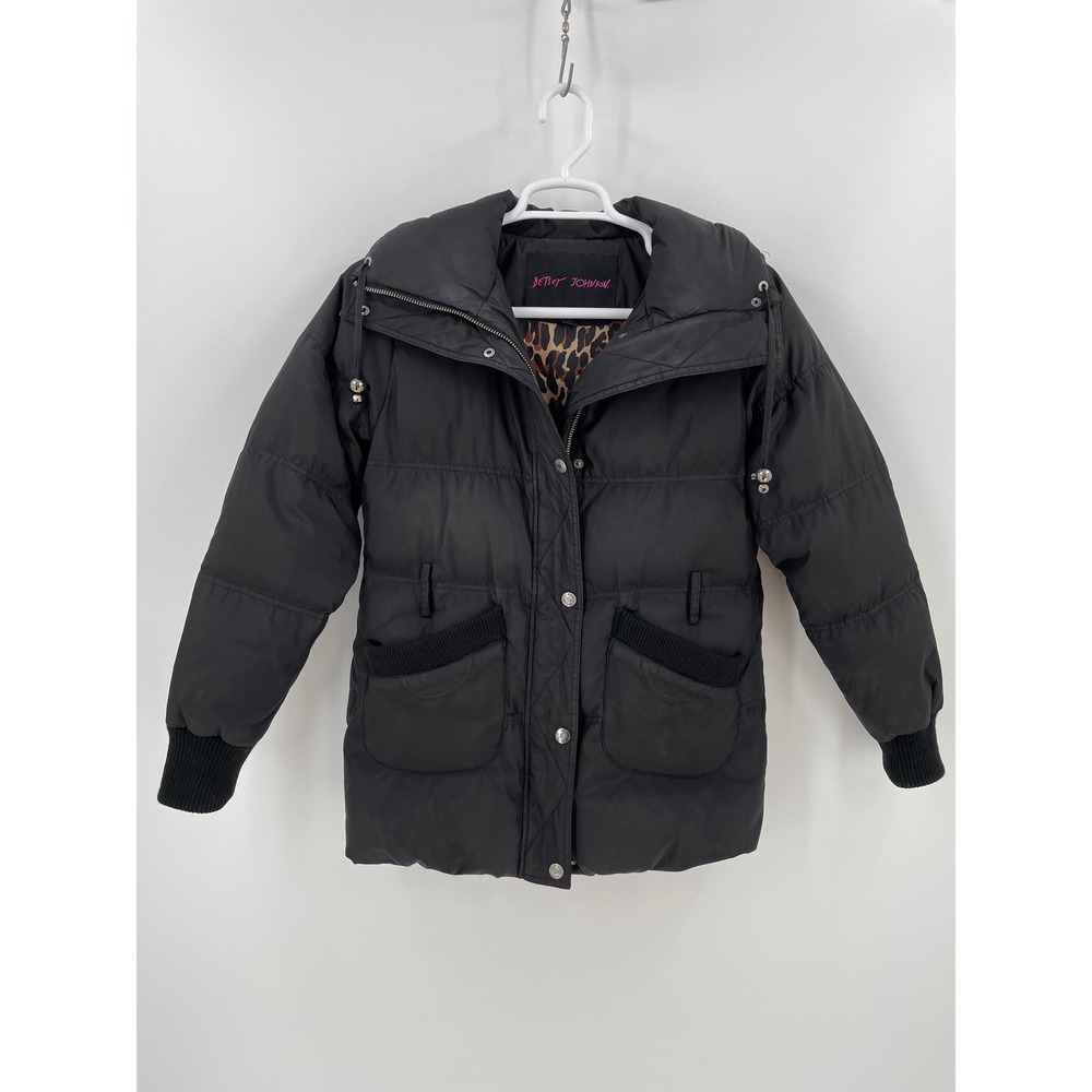 Betsey Johnson Down Feather Puffer Coat S Black Leopard Lined Hooded Y2K